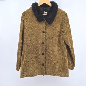 Vtg Y2K FIRST OPTION Herringbone Blazer Faux Fur Collar Button Front Womens Sz L